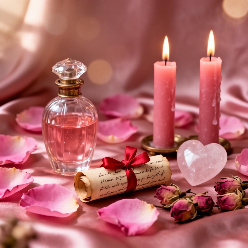 Sweet Surrender love spell ritual โ pink candles, rose petals, and rose quartz heart